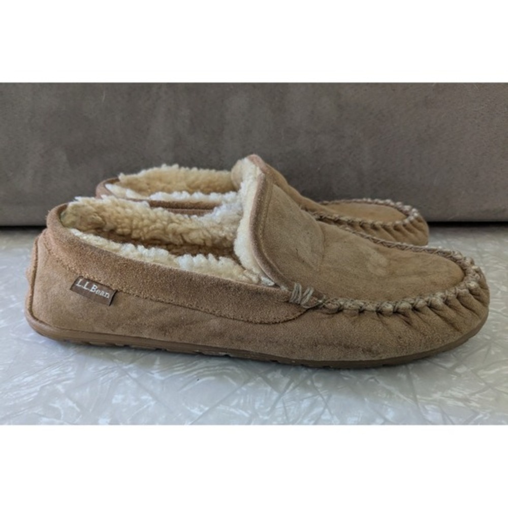 LL Bean Mens Wicked Good Suede Moccasin Slippers Tan Brown Shearling Size‎ 8
